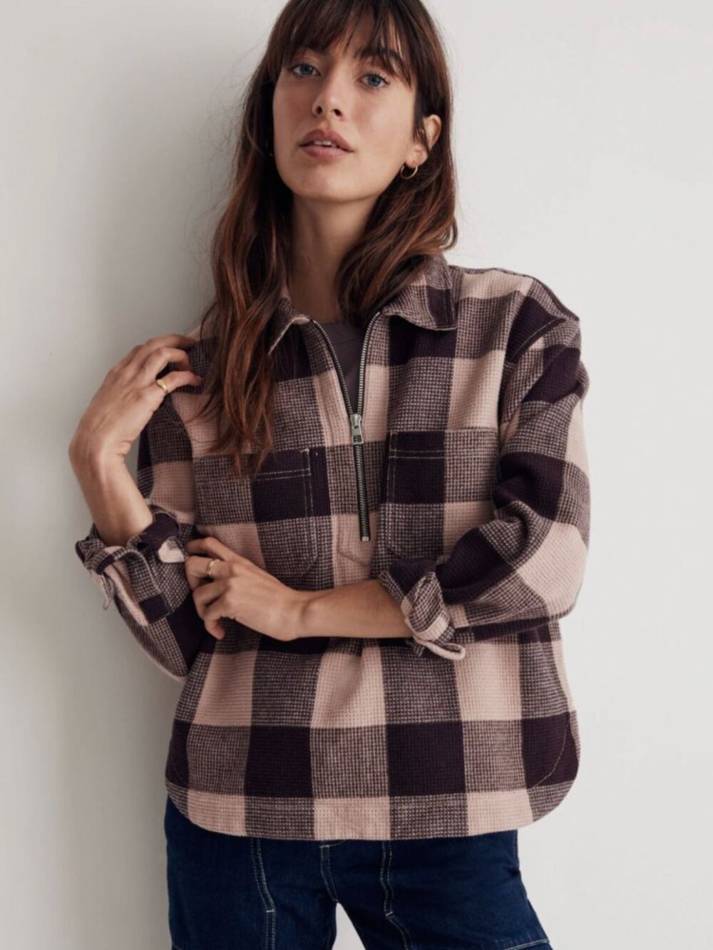 Madewell Waffle Knit Half Zip Boxy Popover Plaid Red Pink Cozy Shirt Size Medium